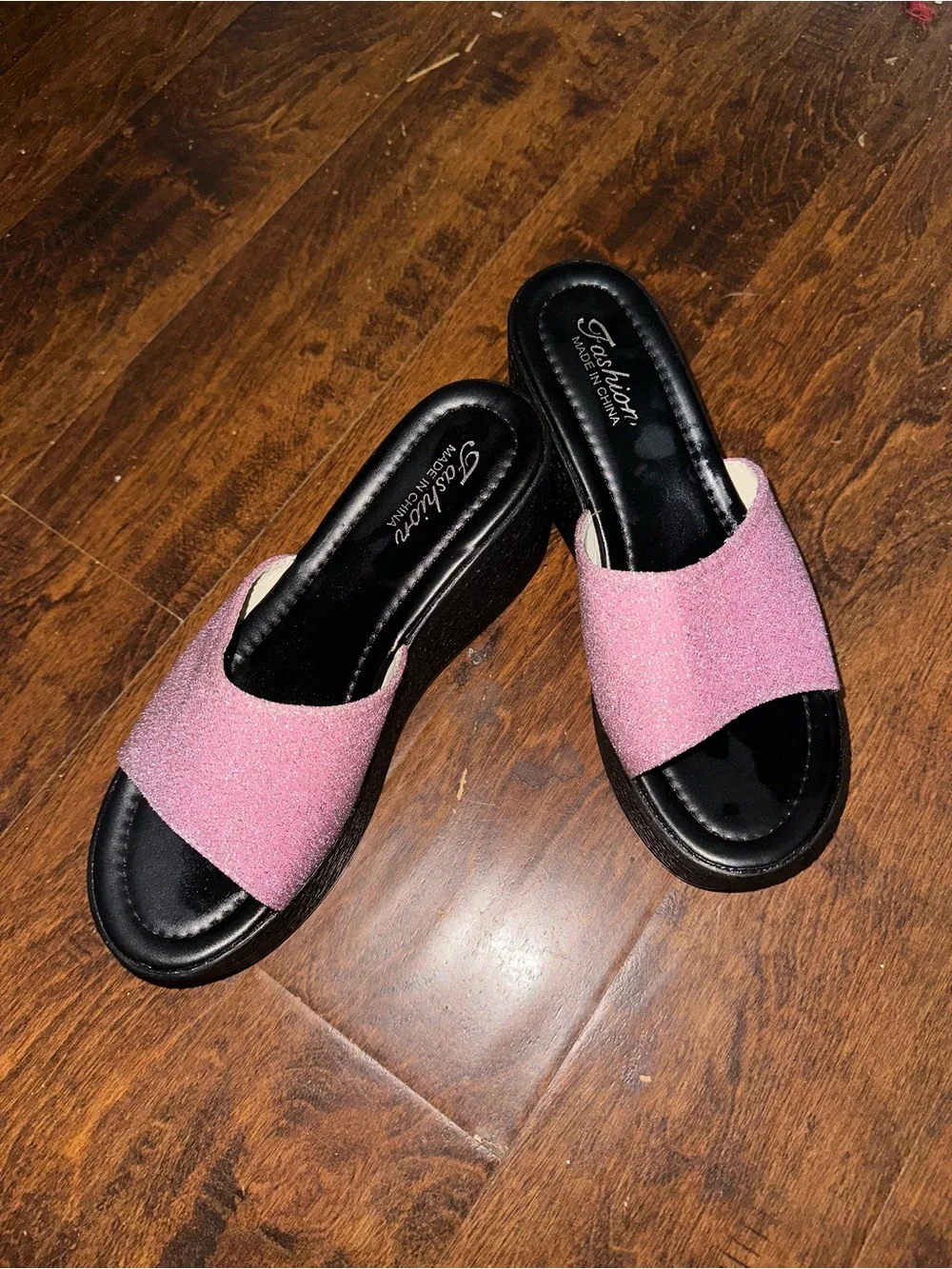 Women's Pink Glitter Platform Slide Sandals - Comfortable Black Sole